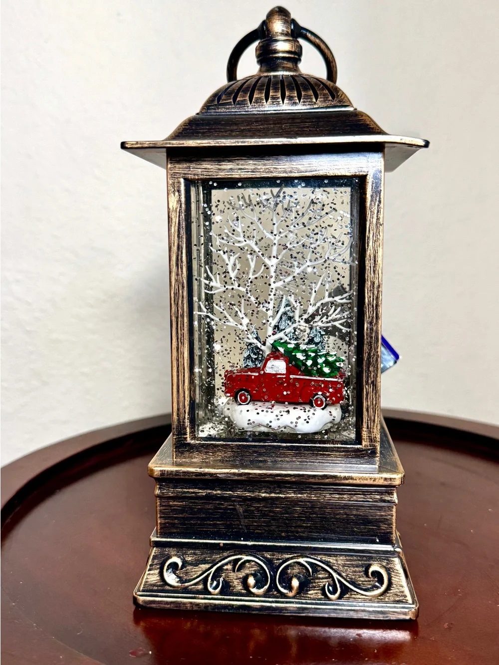 Antique Bronze- tone Christmas Lantern Water Globe with Red Truck Decor 9” H